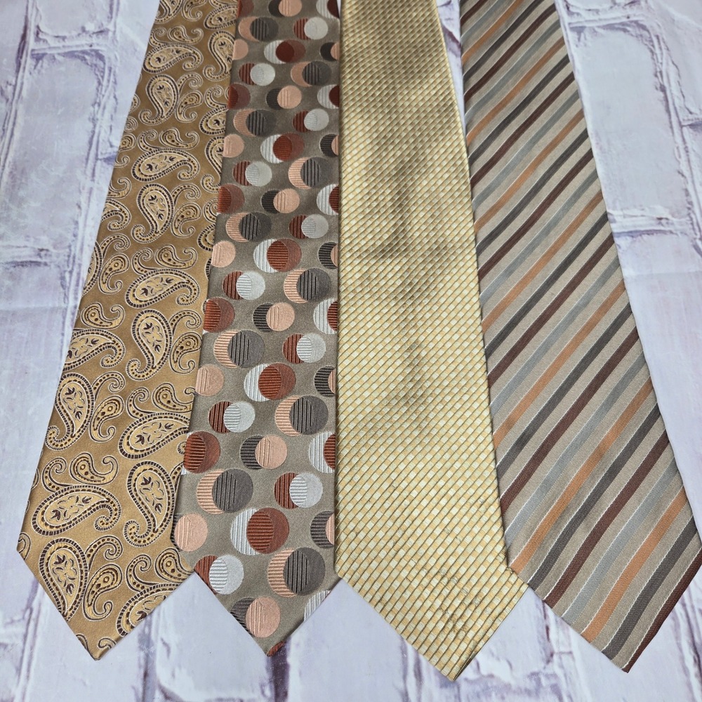 Lot of 4 Geoffrey Beene Necktie Gold Tan Paisley Stripe Geometric Silk Mens Ties
